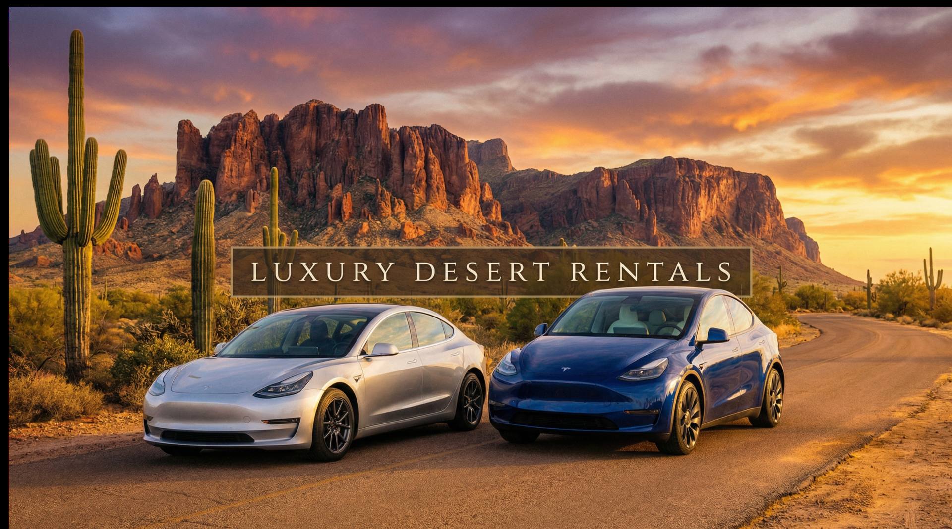 Tesla Model 3 and Model Y on a desert road — iFleet602 fleet in Phoenix / Chandler